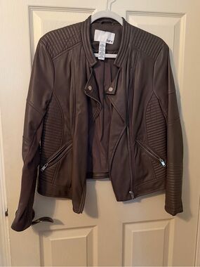 Bar III Gray/Brown Quilted Faux Leather Moto Jacket